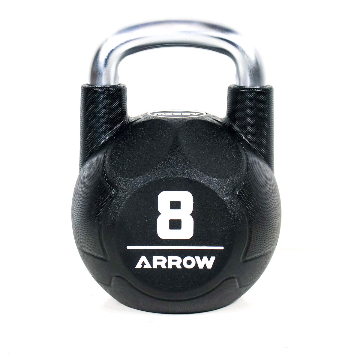 Black 8kg kettlebell with 'Arrow' branding on a white background