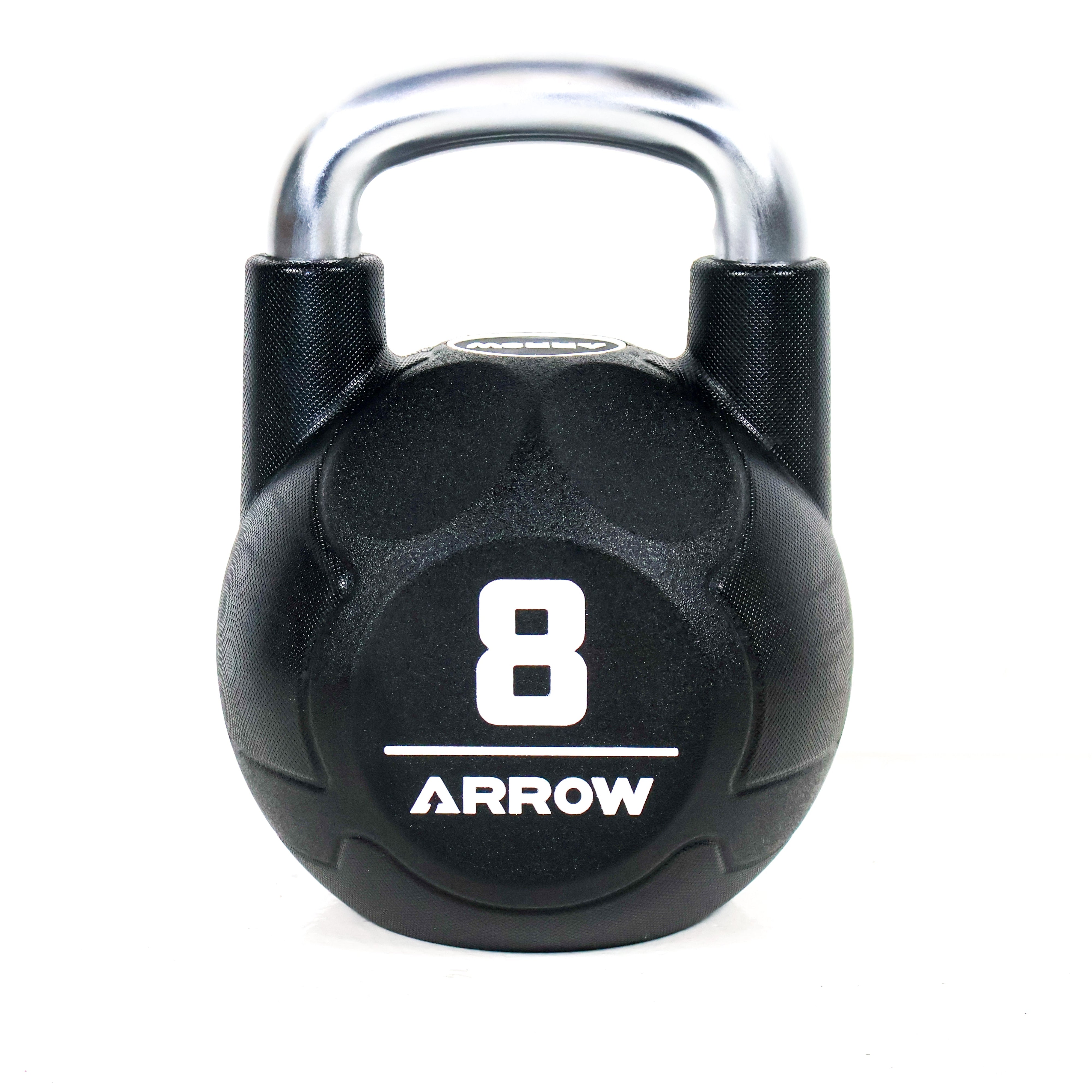 Black 8kg kettlebell with 'Arrow' branding on a white background