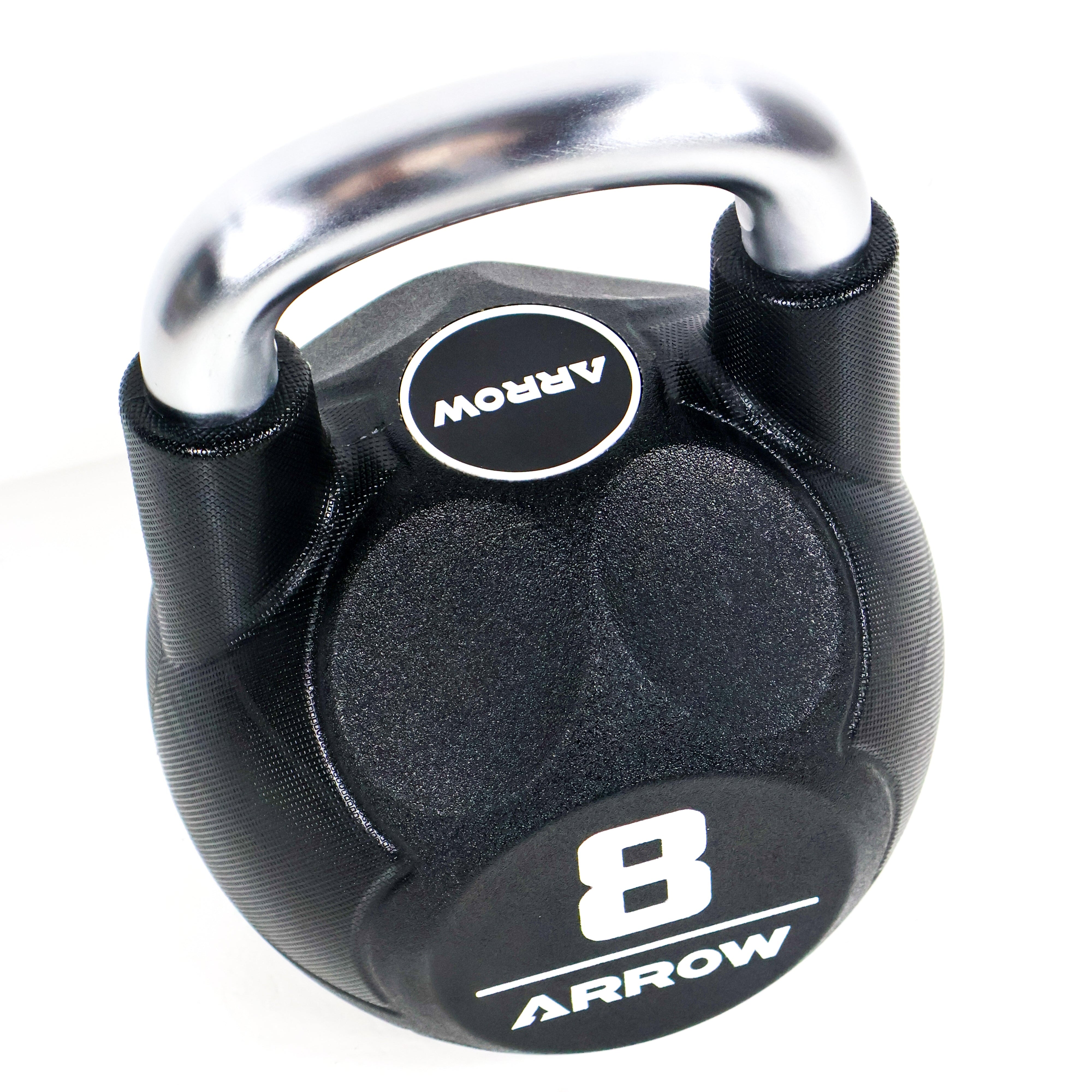Black and silver kettlebell with 'Arrow' branding on a white background