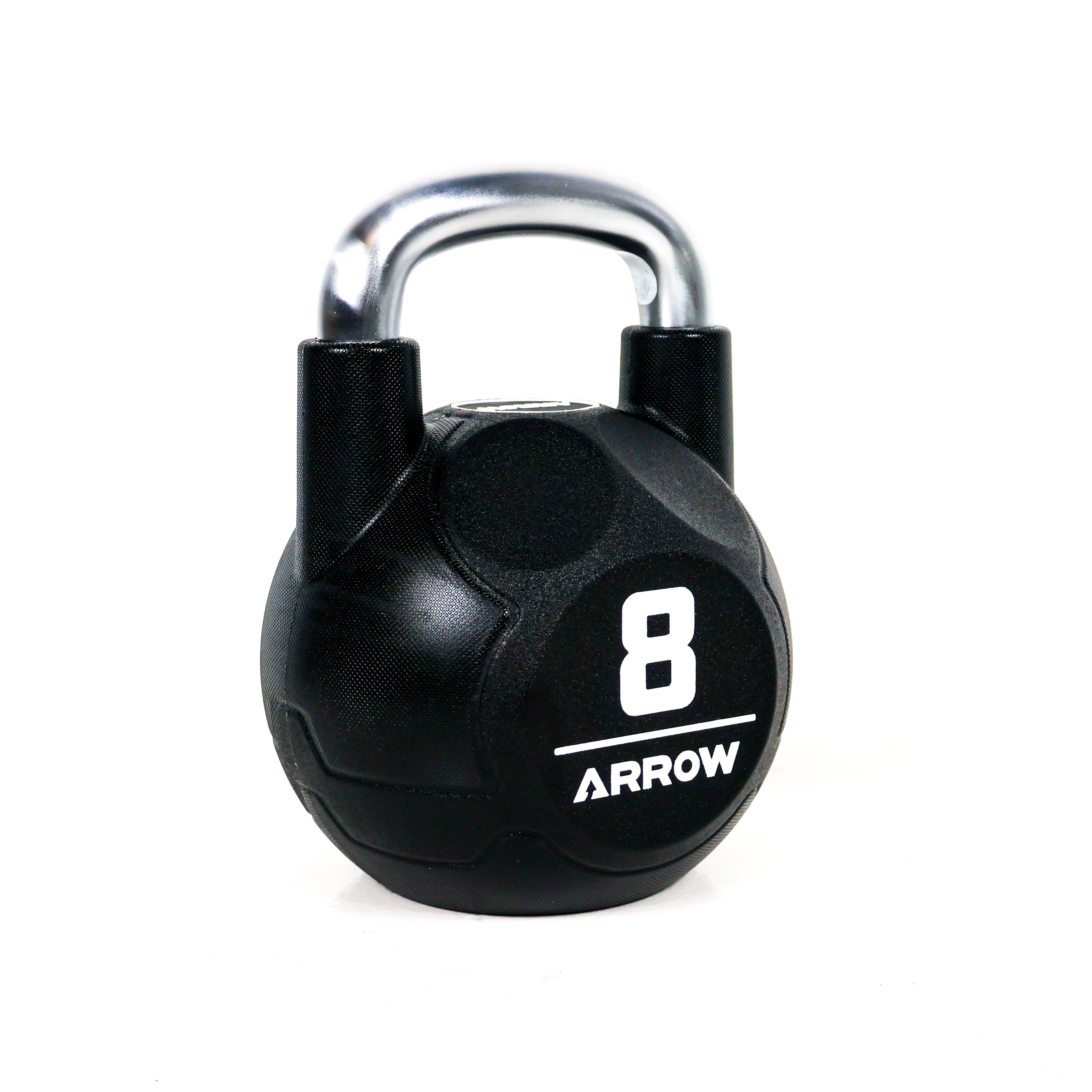 Black kettlebell white background, branded 'Arrow'.