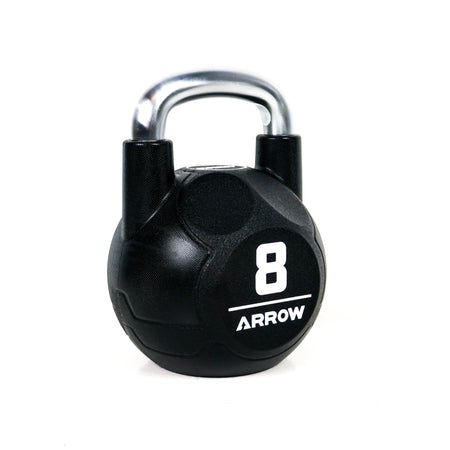 Black kettlebell white background, branded 'Arrow'.