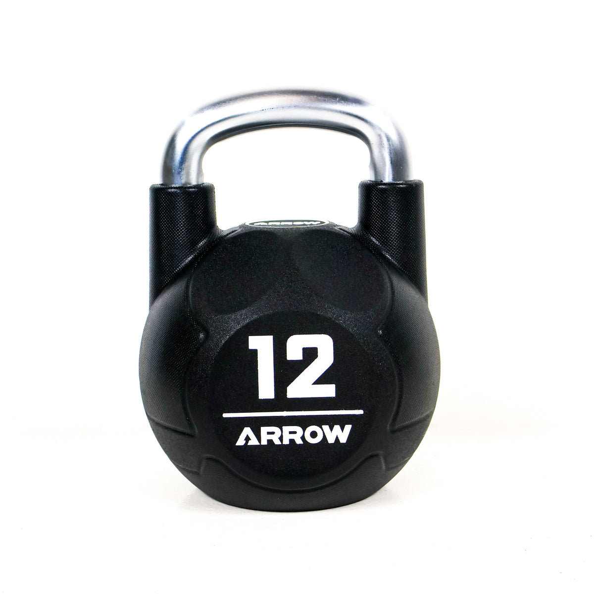 Black 12kg Arrow brand kettlebell on a white background