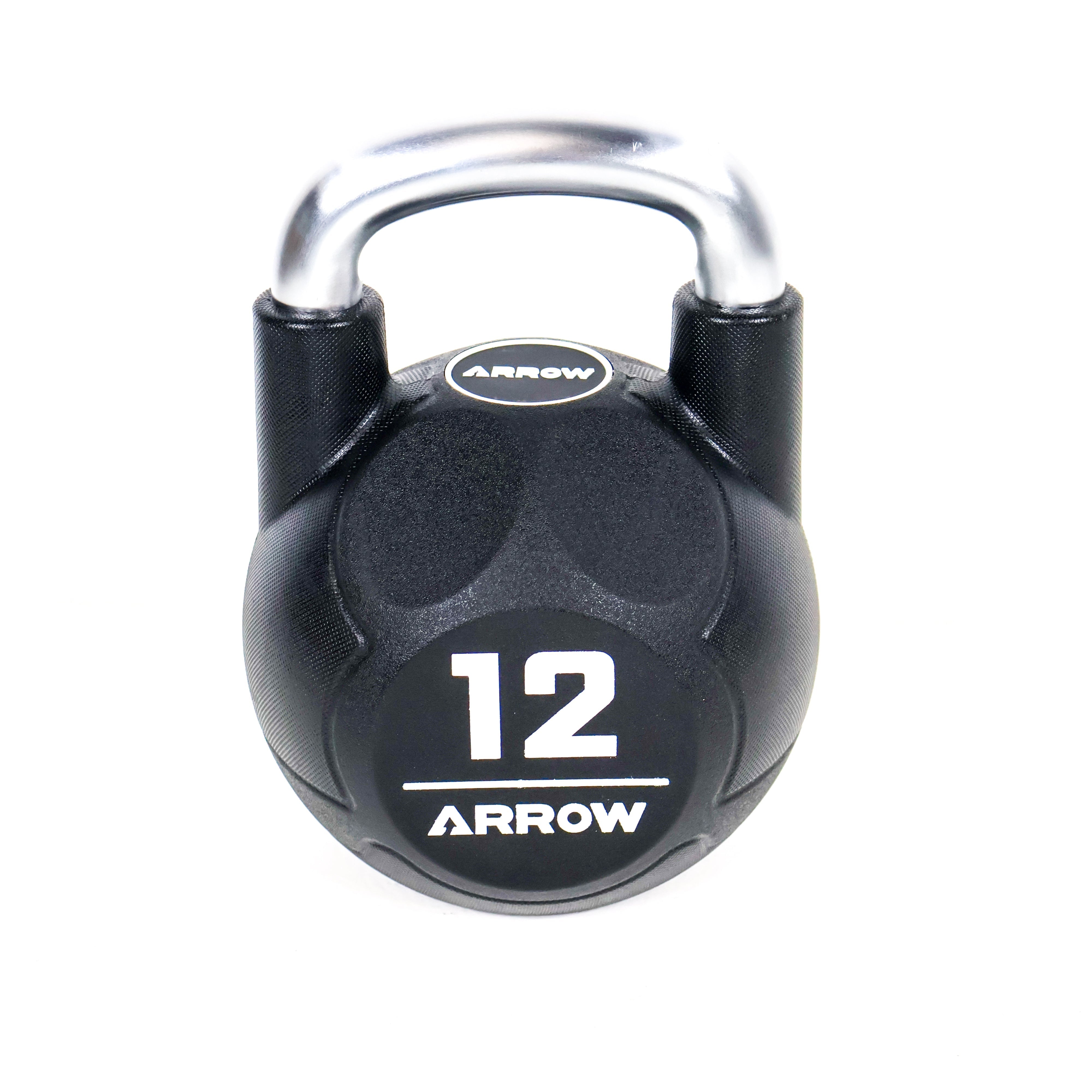 12kg Arrow brand kettlebell on a white background