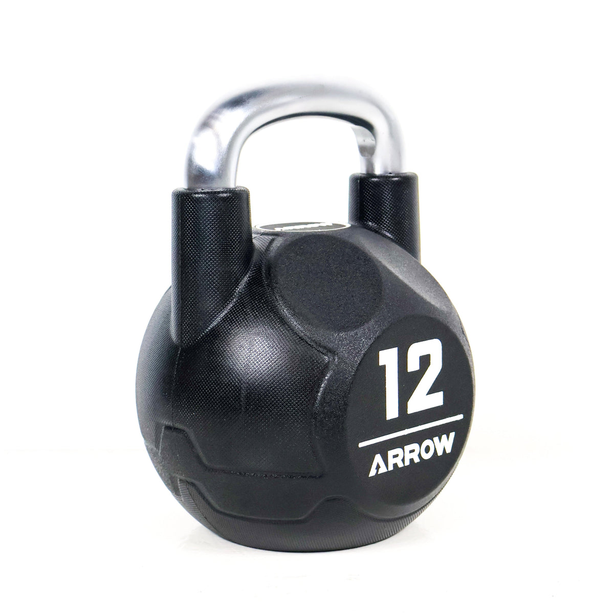 Black 12kg kettlebell with silver handle on a white background