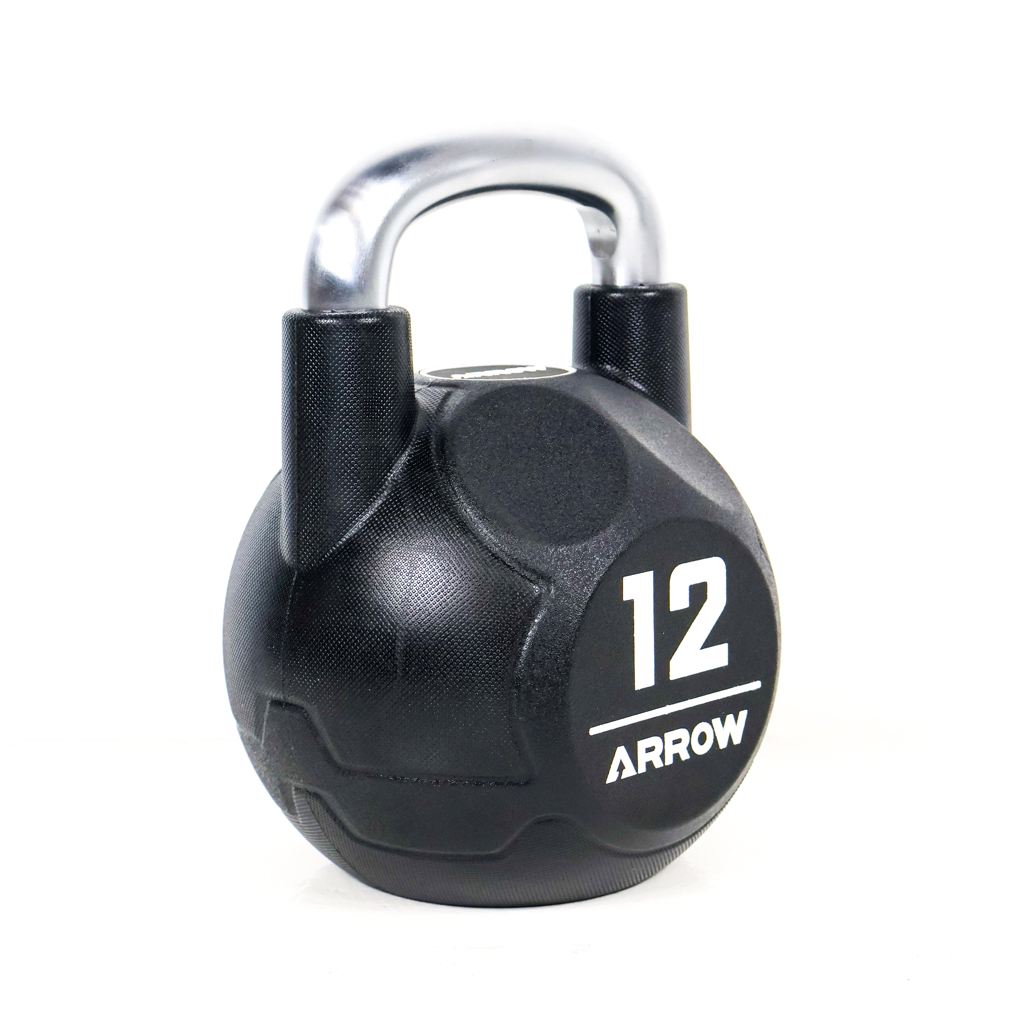 Black 12kg kettlebell with silver handle on a white background