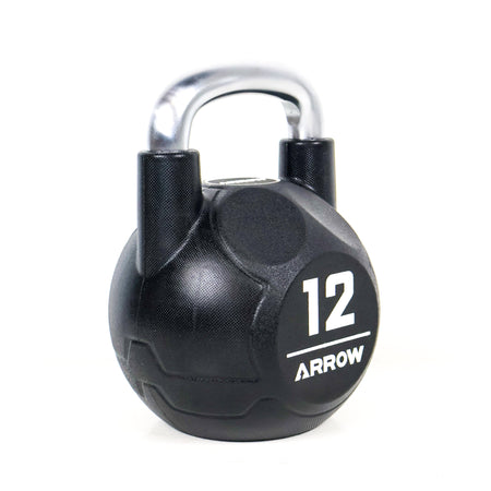 Black 12kg kettlebell with silver handle on a white background