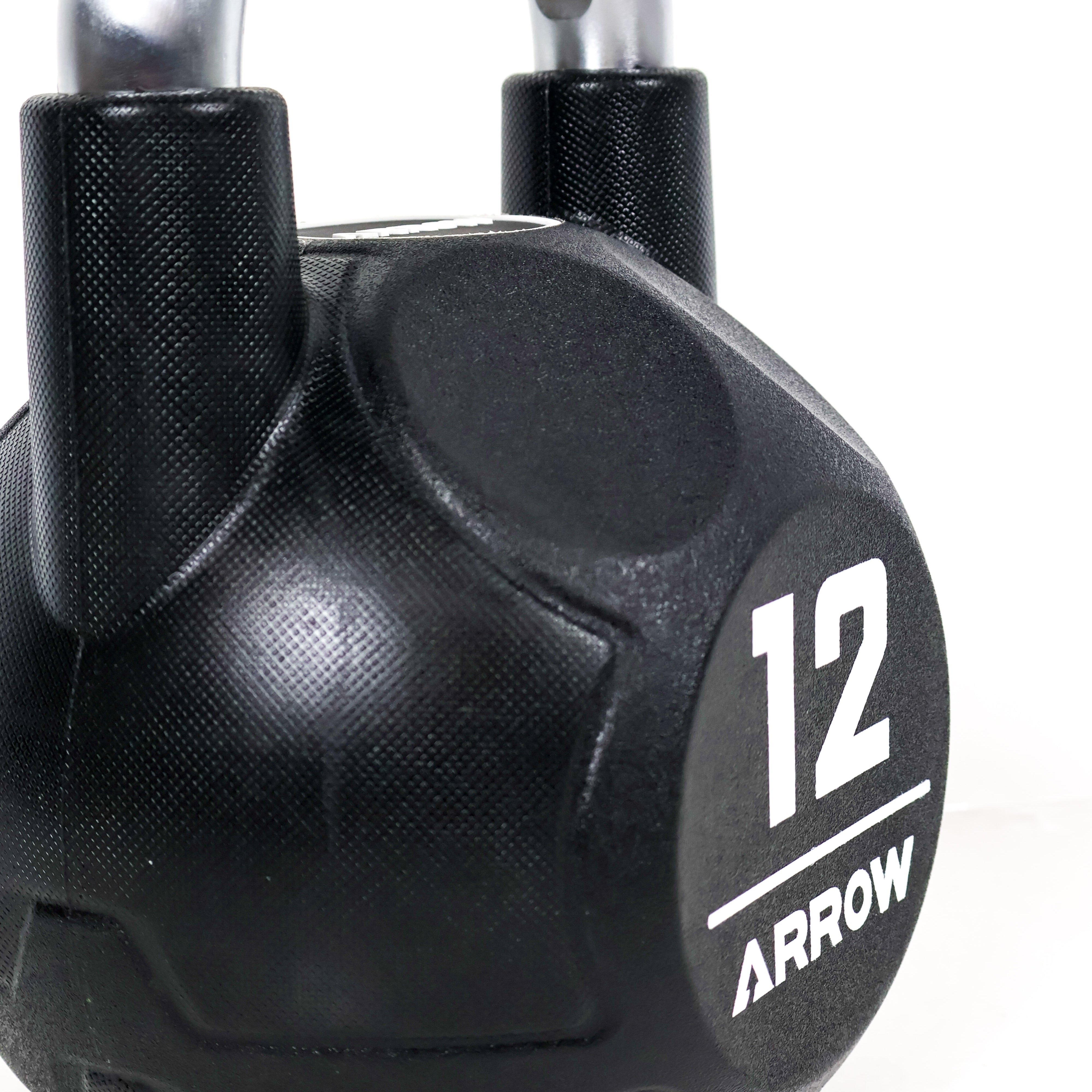 Black 12kg kettlebell with 'Arrow' branding on a white background