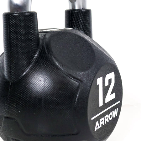 Black 12kg kettlebell with 'Arrow' branding on a white background