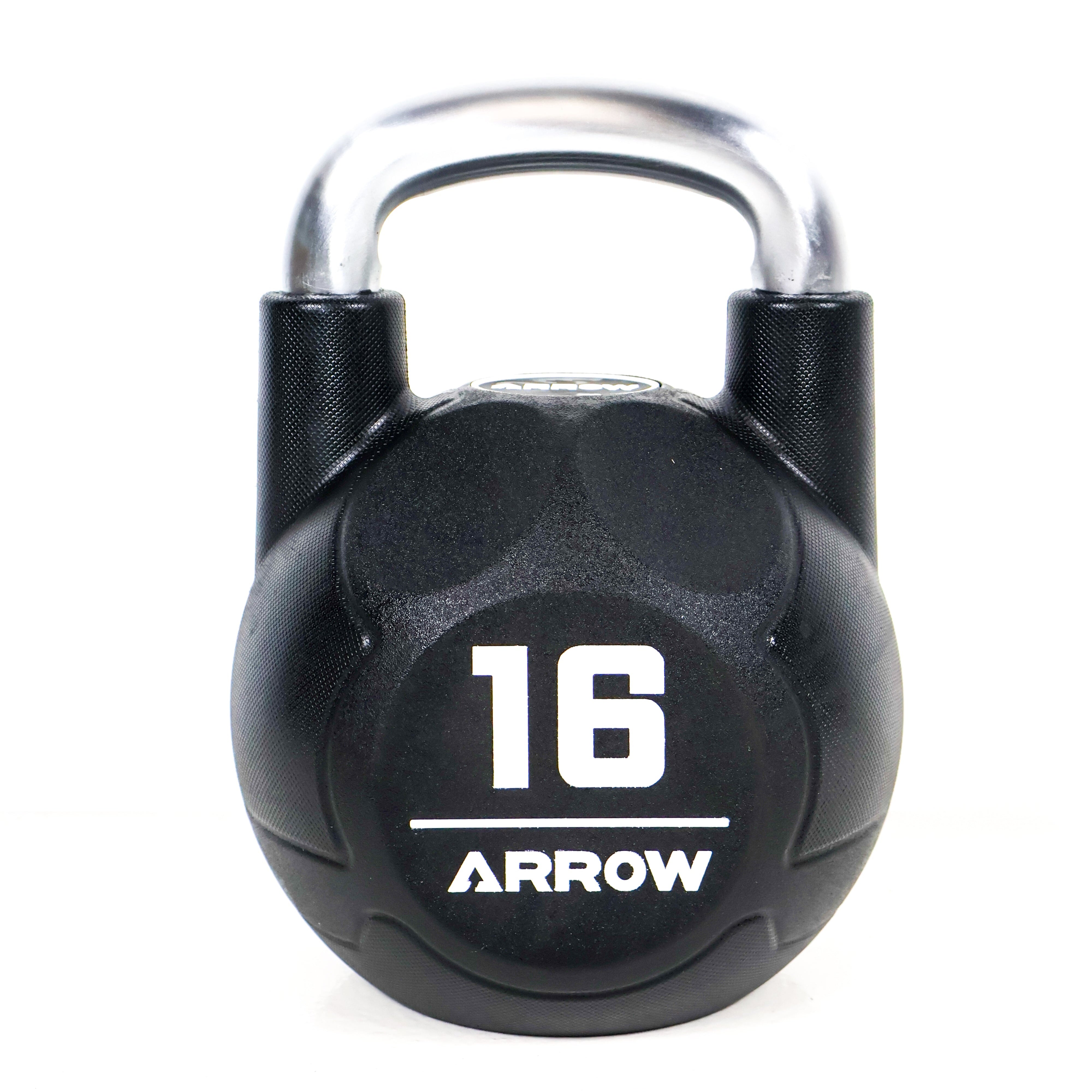Black kettlebell with '16' and 'Arrow' branding on a white background