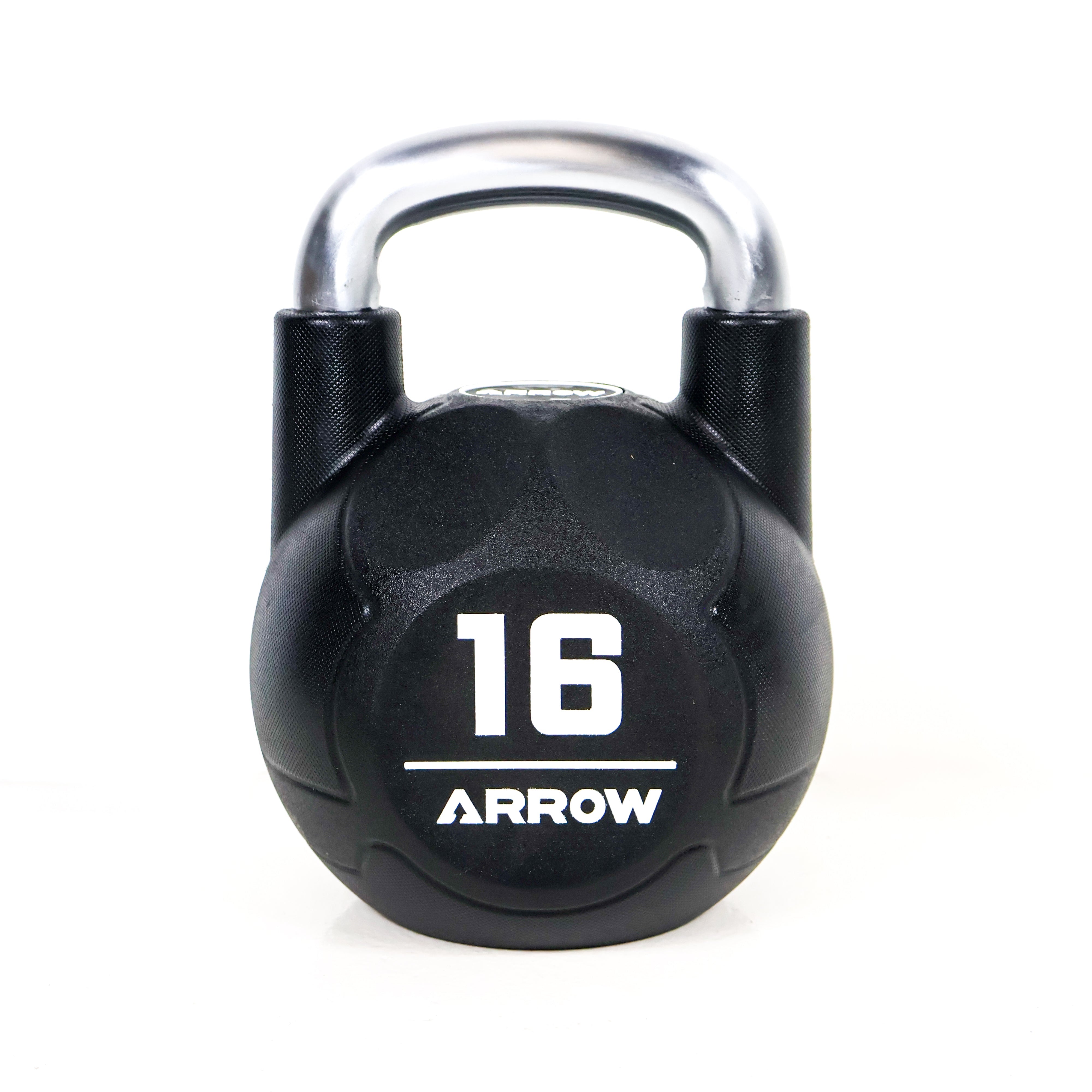 Black 16kg Arrow kettlebell on a white background
