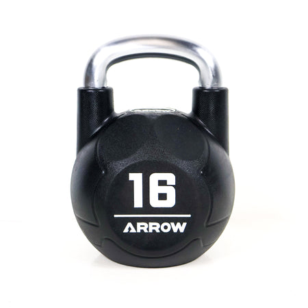 Black 16kg Arrow kettlebell on a white background