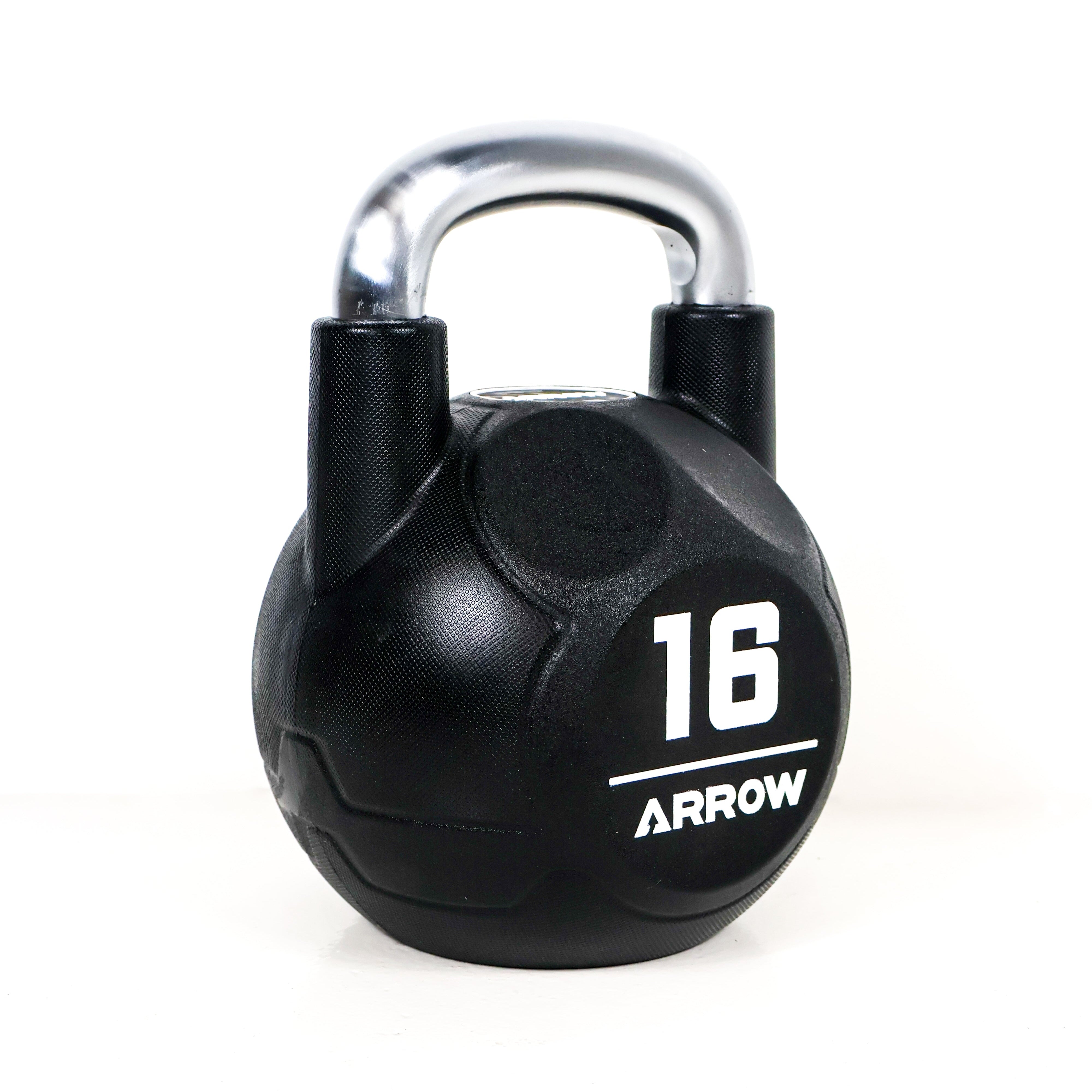 Black 16kg kettlebell with silver handle on a white background