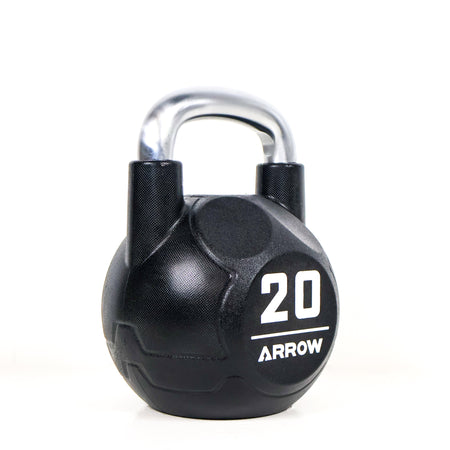 Black kettlebell with '20' and 'Arrow' branding on a white background