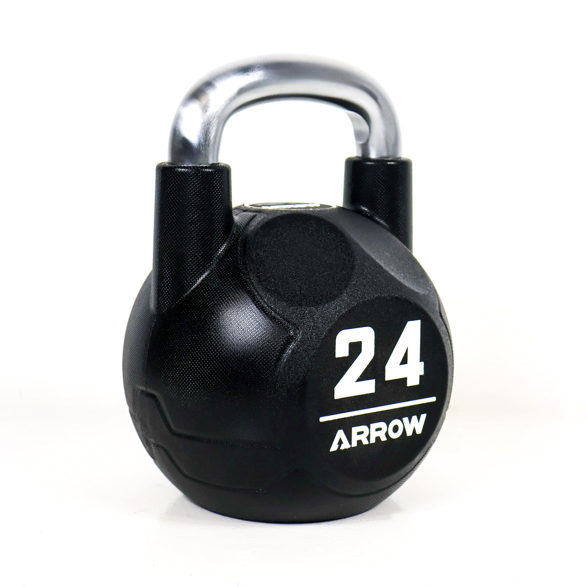 Black 24kg kettlebell with silver handle on a white background