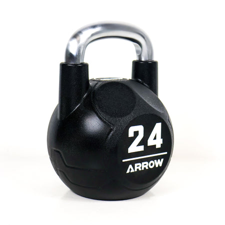 Black 24kg kettlebell with silver handle on a white background