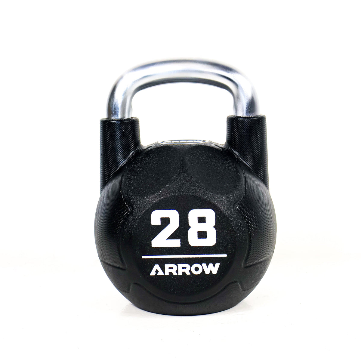 Black kettlebell with '28' and 'Arrow' branding on a white background