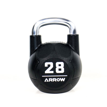 Black kettlebell with '28' and 'Arrow' branding on a white background