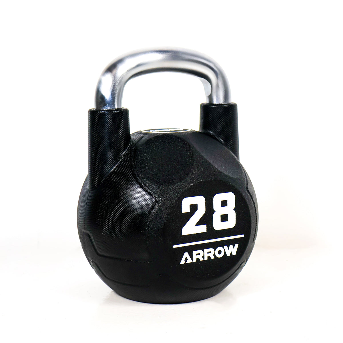 Black 28kg kettlebell with a silver handle on a white background