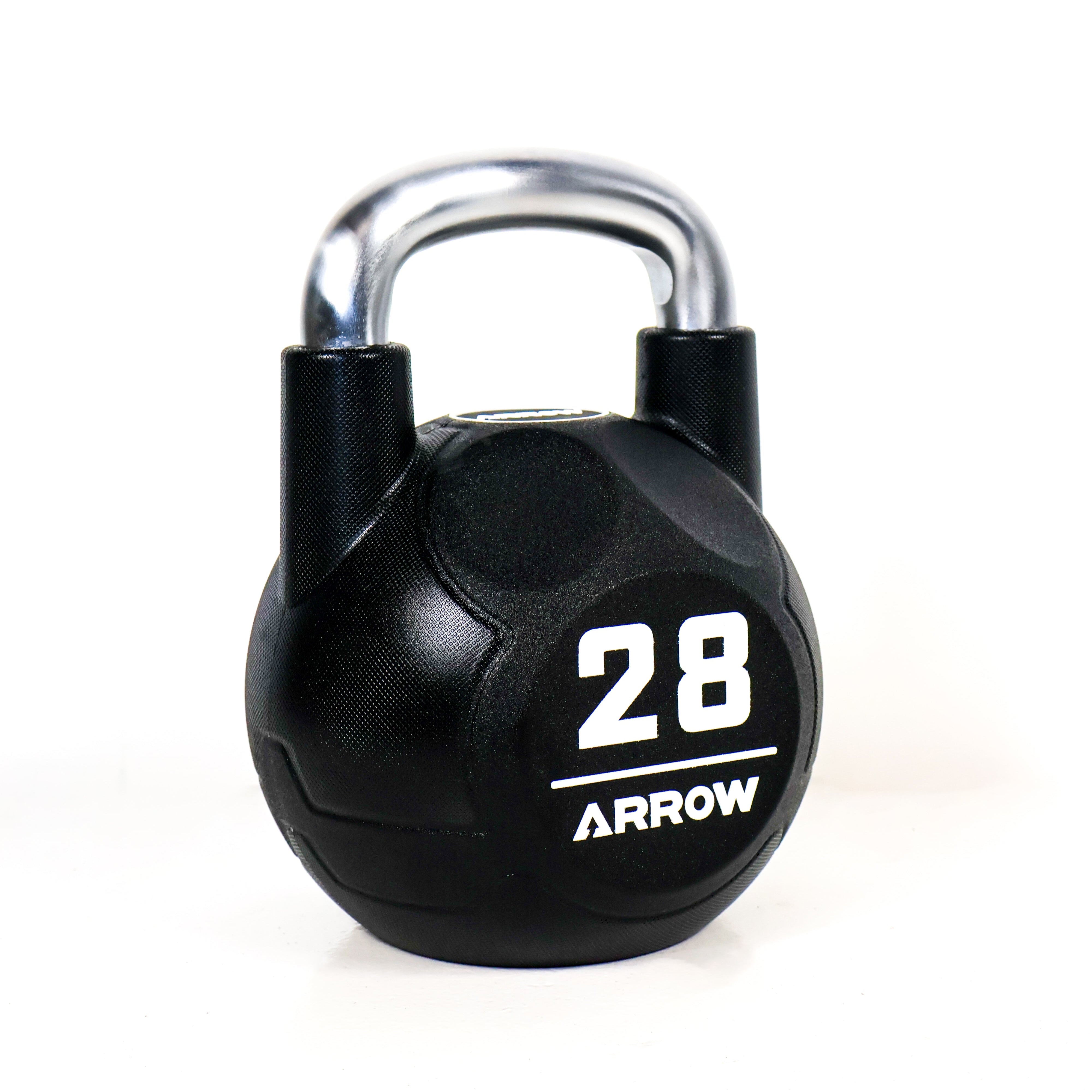 Black 28kg kettlebell with a silver handle on a white background