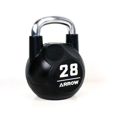 Black 28kg kettlebell with a silver handle on a white background