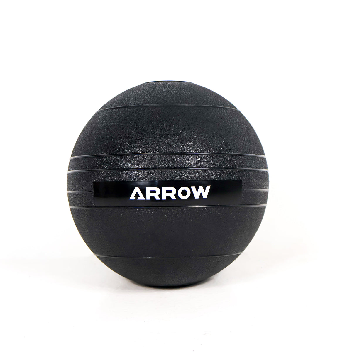 Black exercise slam ball with 'Arrow' branding on a white background