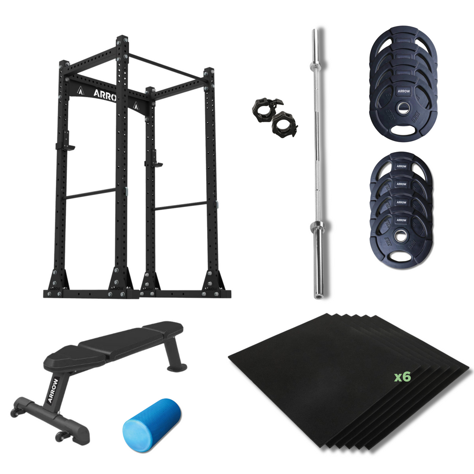 ARROW X6 Power Cage + 100kg Weights, Barbell, Bench & Flooring