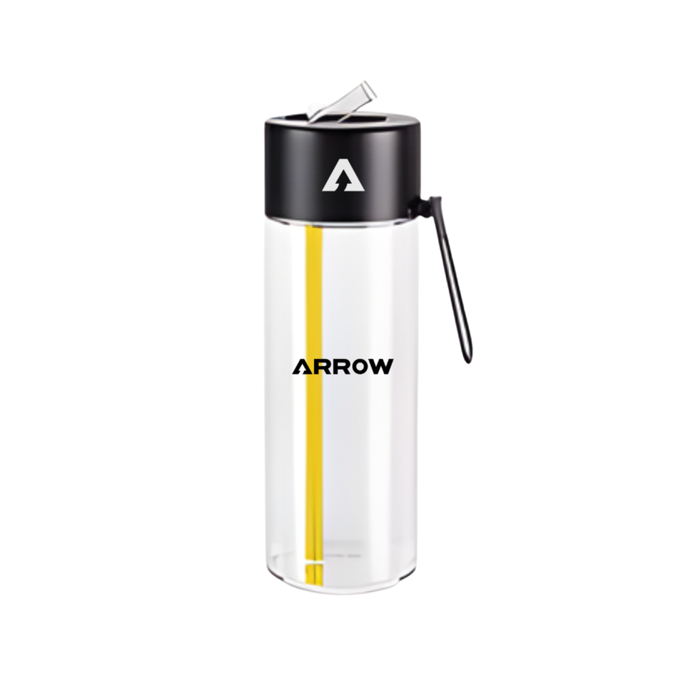 Clear water bottle with black cap and yellow stripe on a white background