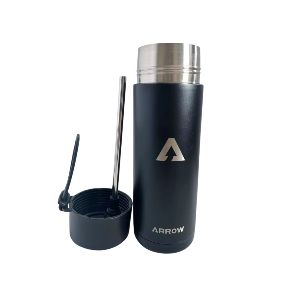 Black thermos bottle with silver lid and straw, featuring the 'Arrow' brand logo on a white background.