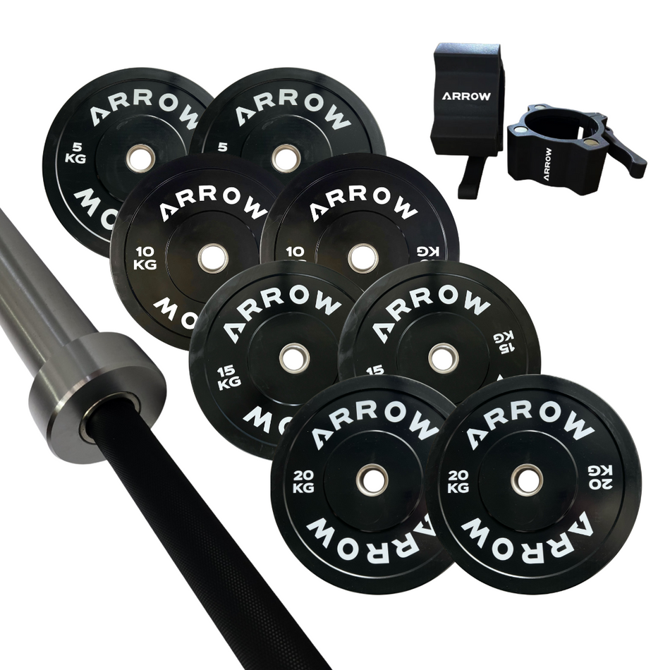 ARROW 100Kg Pro Bumper Weight Plate + 15kg Bar + Lock Jaw Package