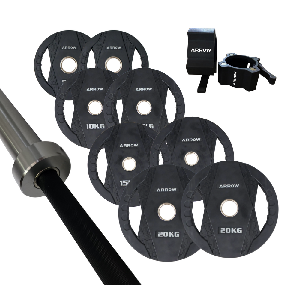 ARROW 100Kg Rubber Coated Weight Plate + 20kg Bar + Lock Jaw Package