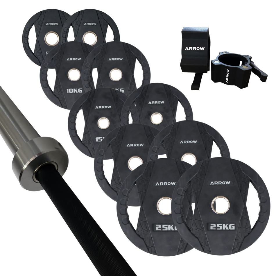 ARROW 150Kg Rubber Coated Weight Plate + 20kg Bar + Lock Jaw Package