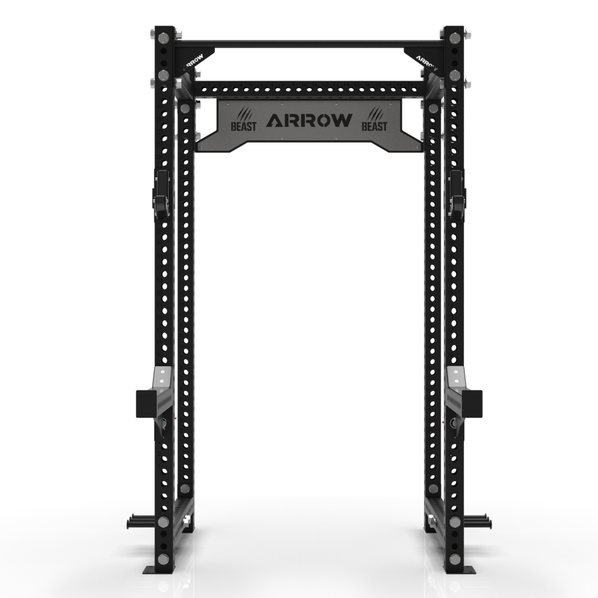 Black power rack with 'Beast' branding on a white background