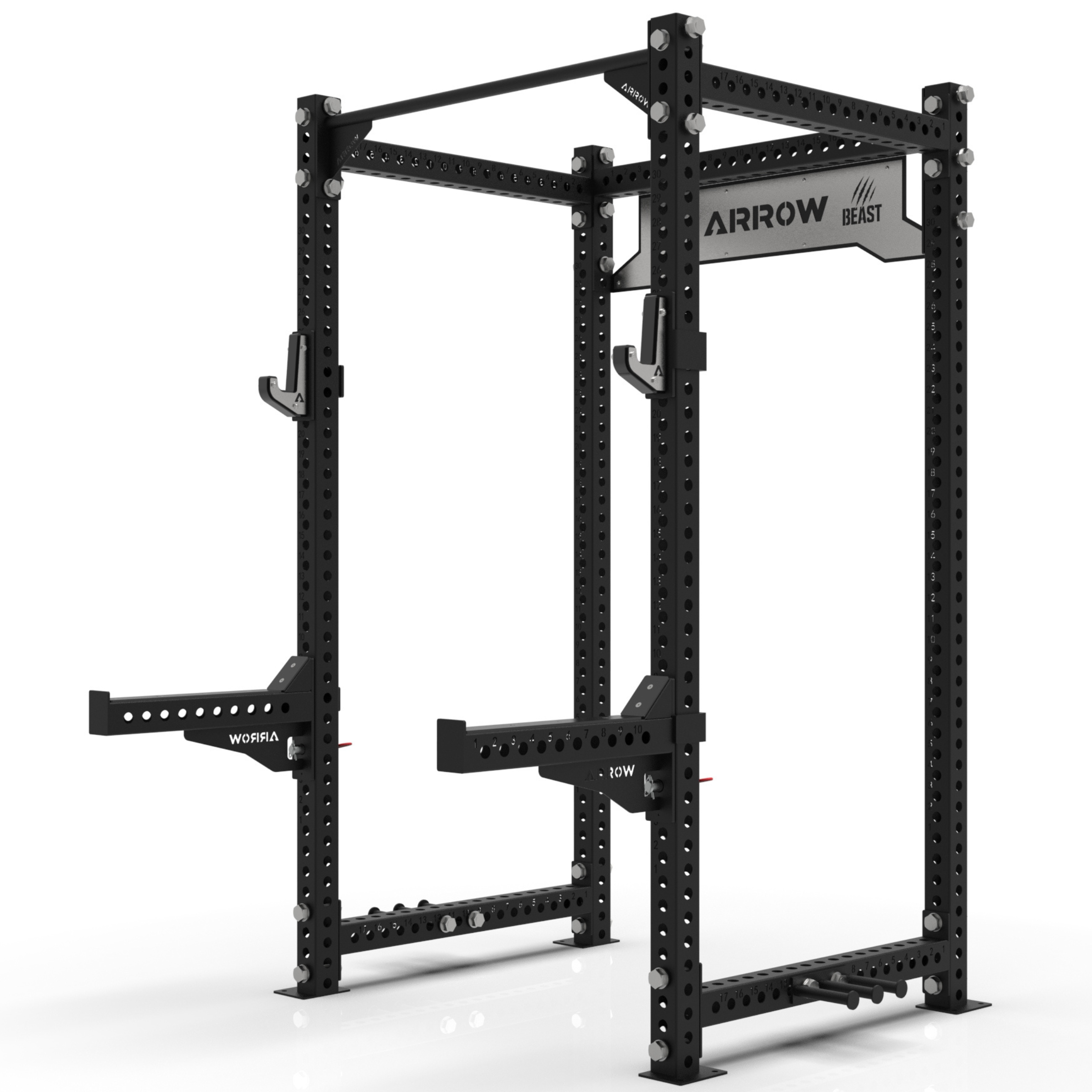 Black power rack with 'Arrow Beast' branding on a white background