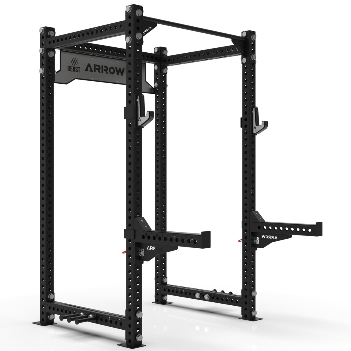 Black power rack with 'Worria' branding on a white background