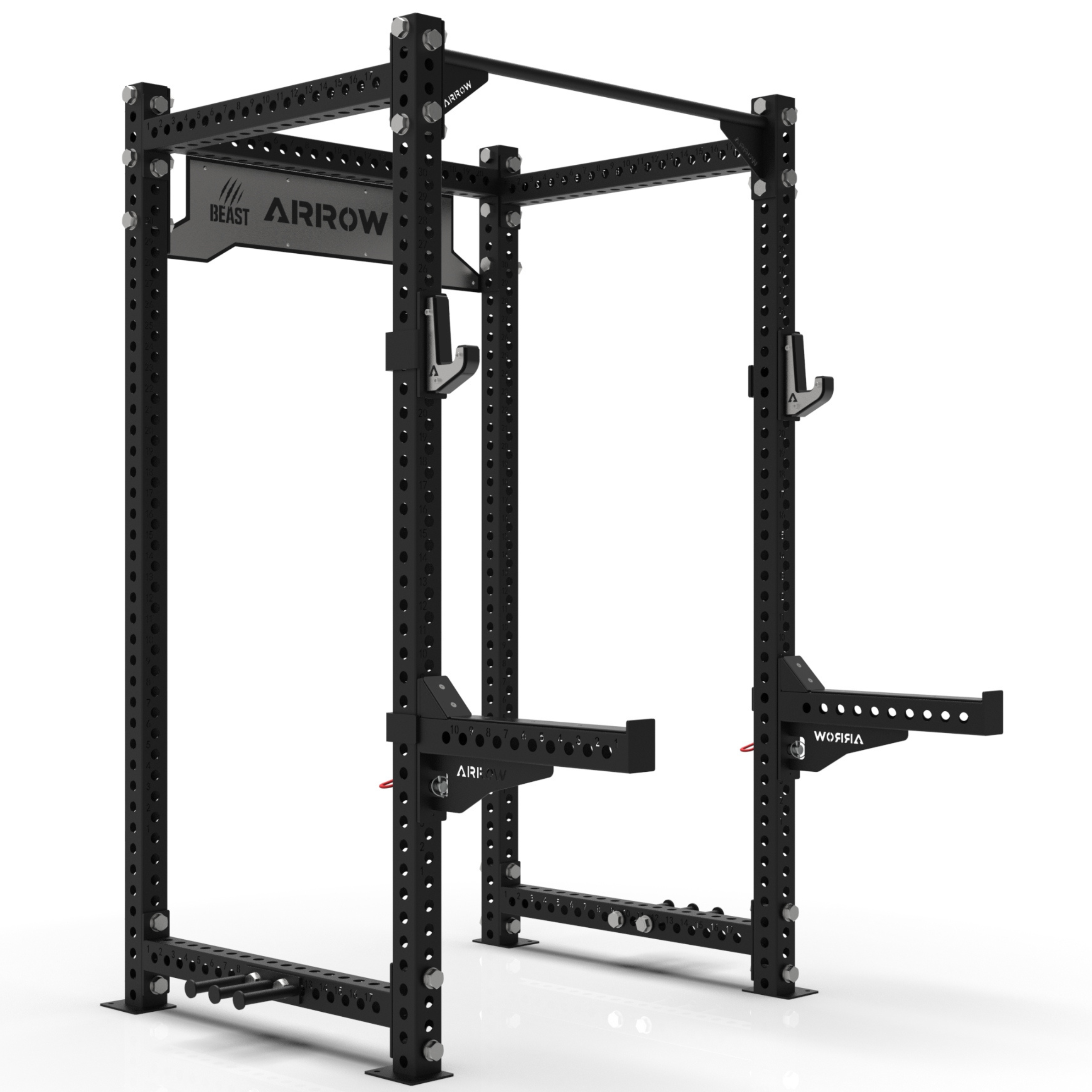 Black power rack with 'Worria' branding on a white background