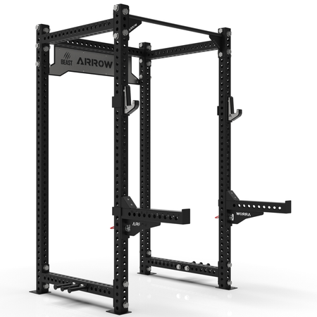 Black power rack with 'Worria' branding on a white background