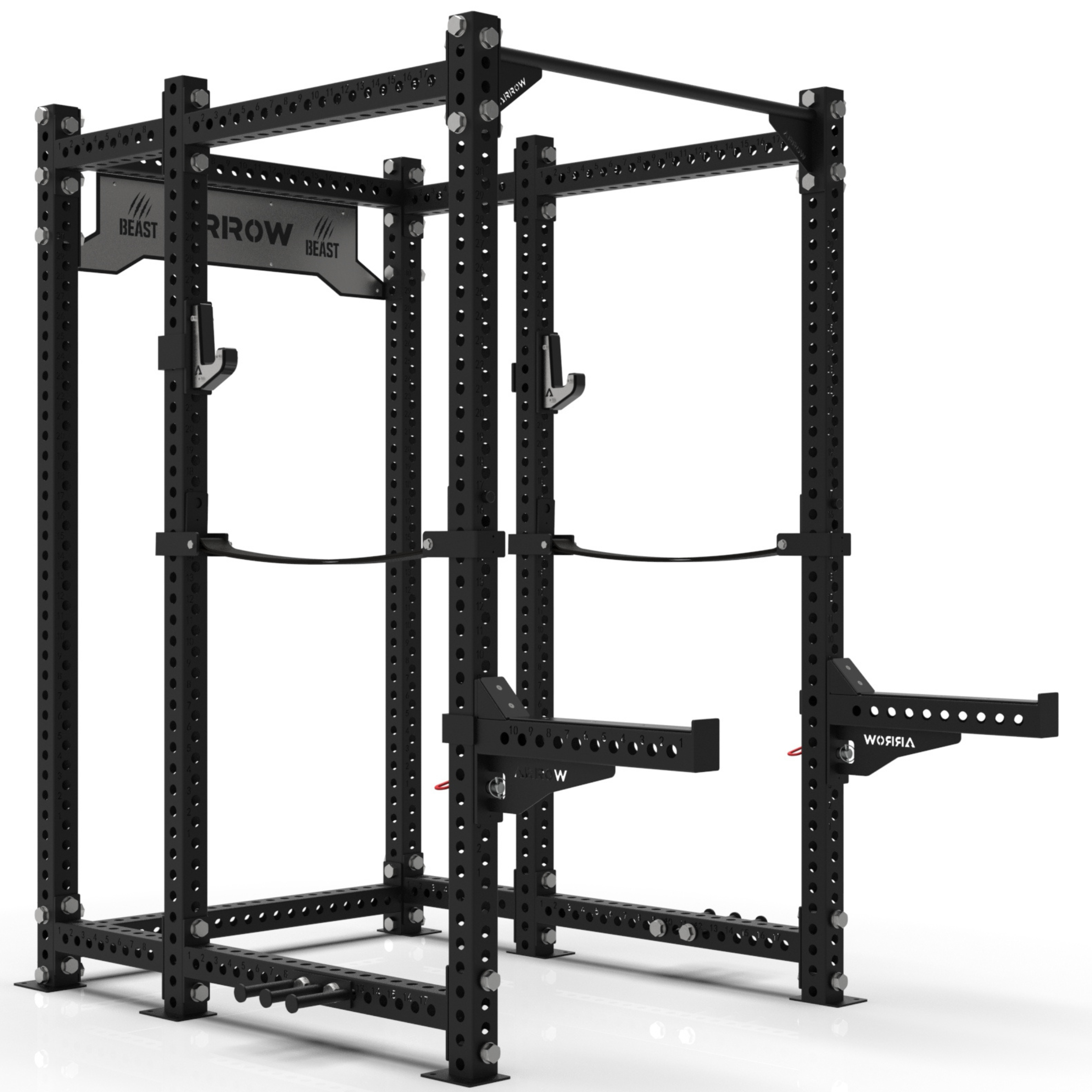 Black power rack with 'Beast' branding on a white background