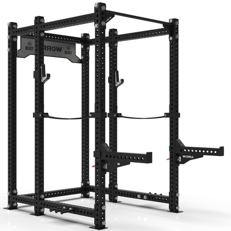 Black power rack with 'Beast' branding on a white background