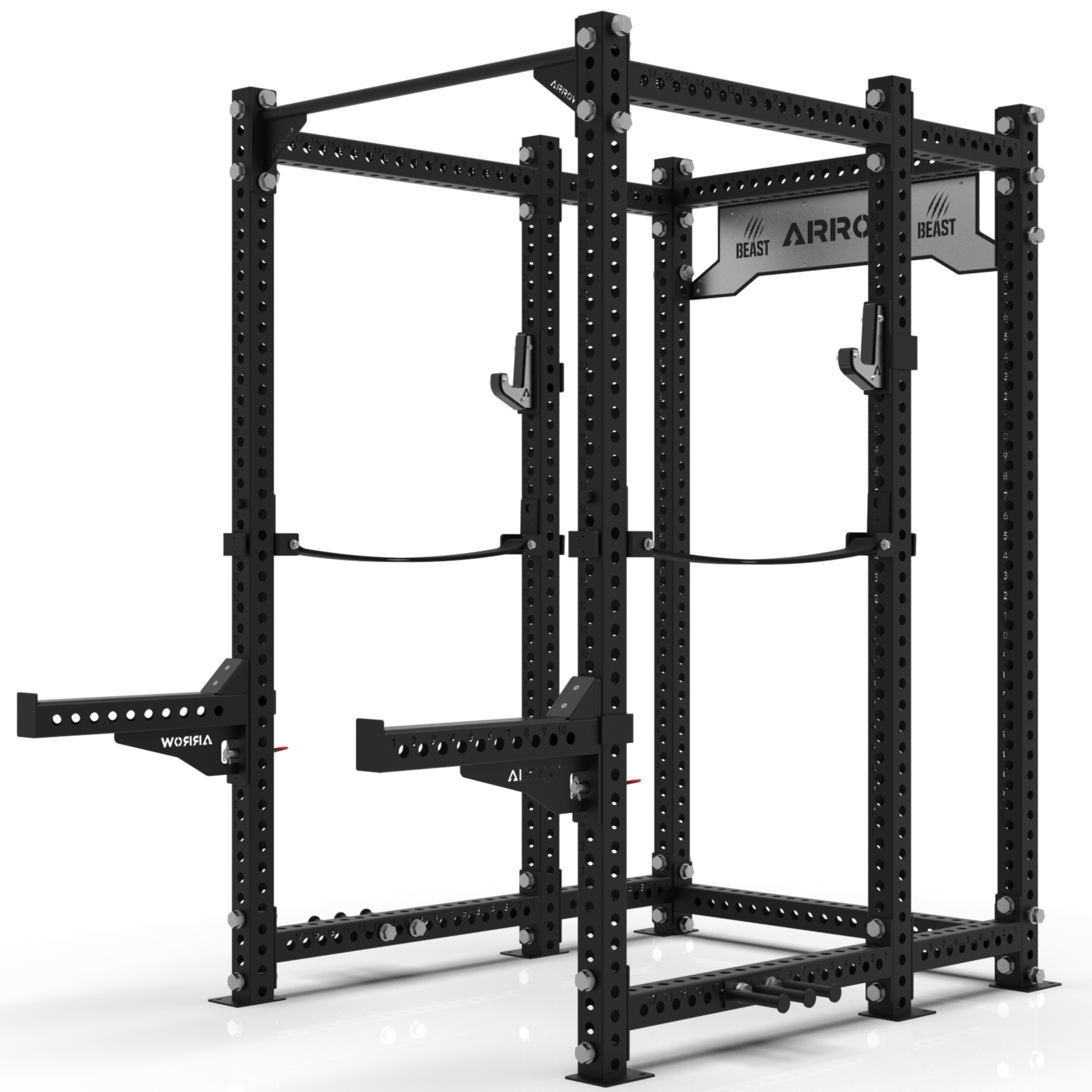 Black power rack with 'Arrow Fitness' branding on a white background