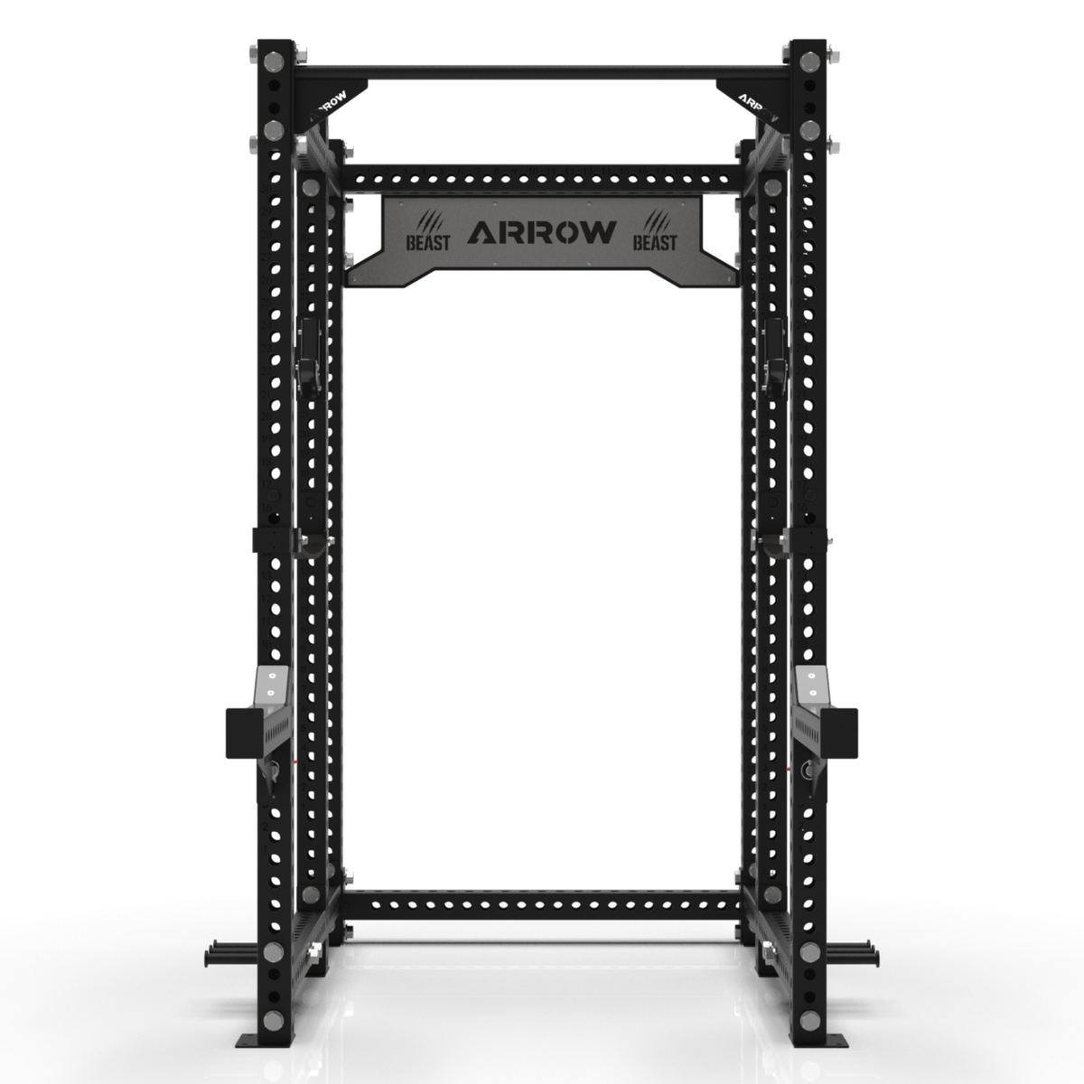 Black power rack with 'Arrow Beast' branding on a white background
