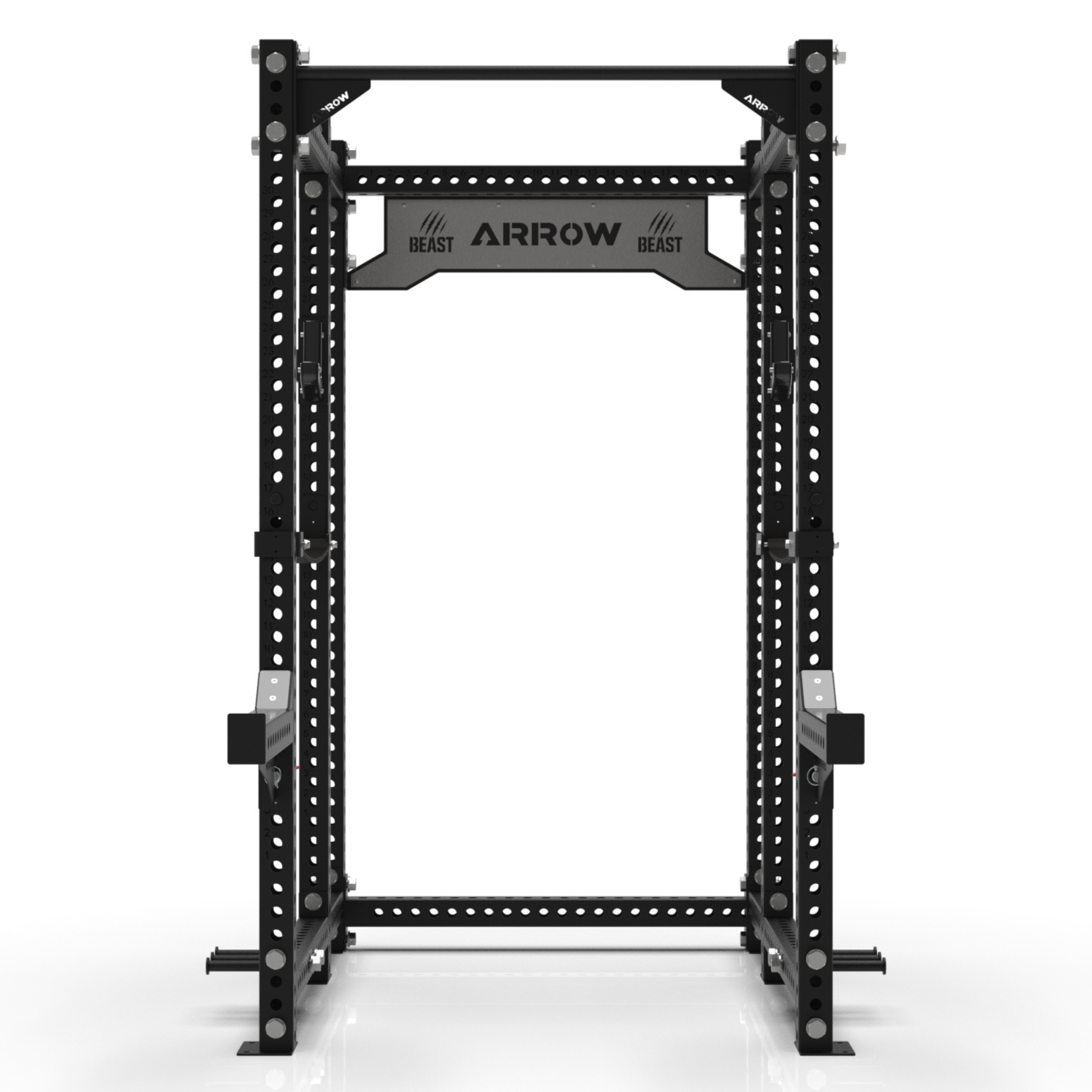 Black power rack with 'Arrow Beast' branding on a white background