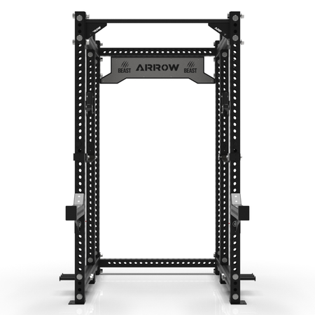 Black power rack with 'Arrow Beast' branding on a white background