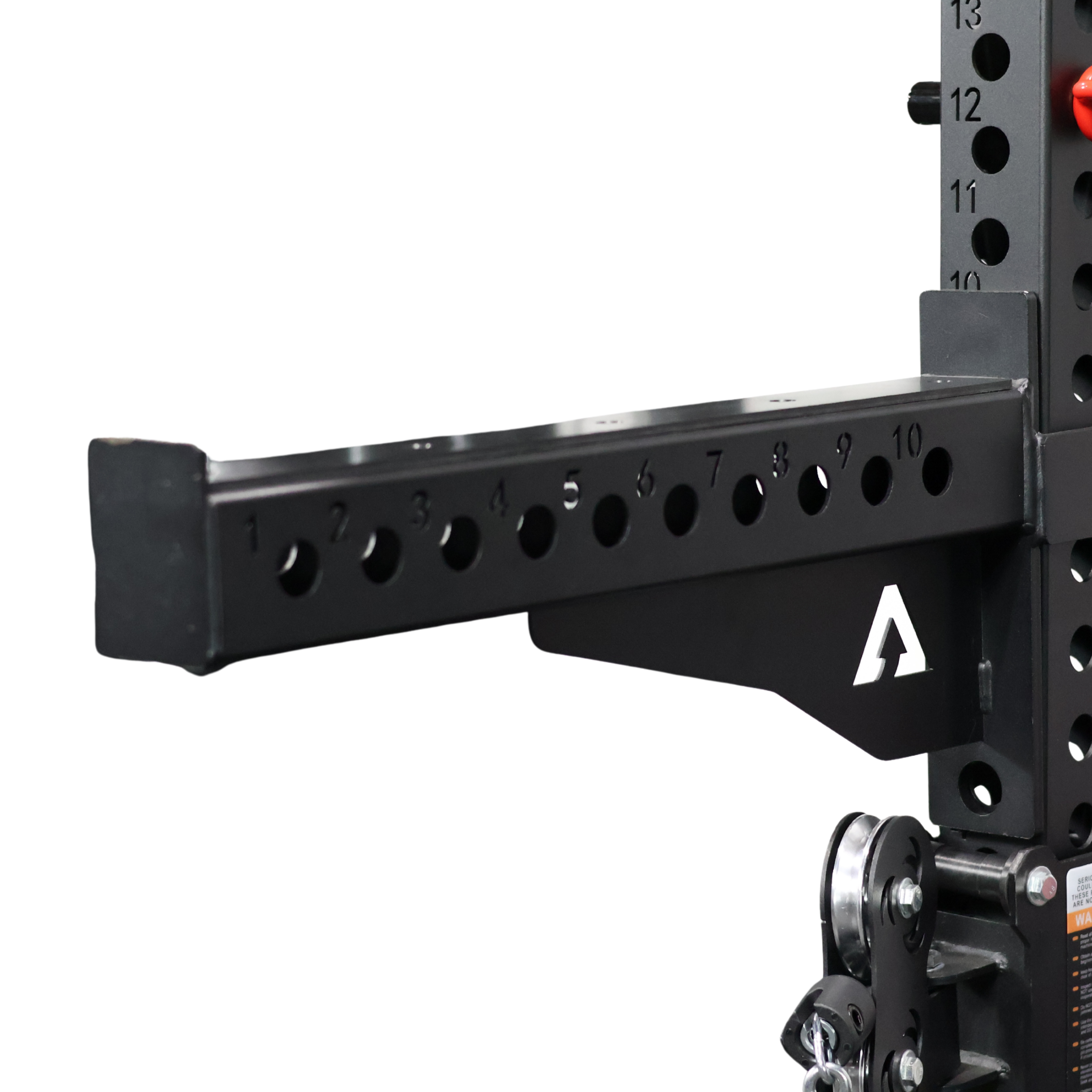 Black weightlifting bar with adjustable holes on a white background