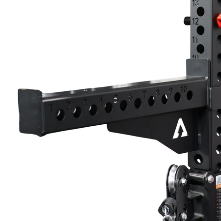 Black weightlifting bar with adjustable holes on a white background