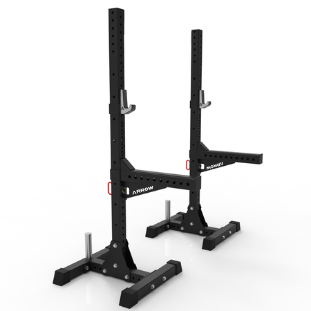 Black weightlifting squat rack on a white background