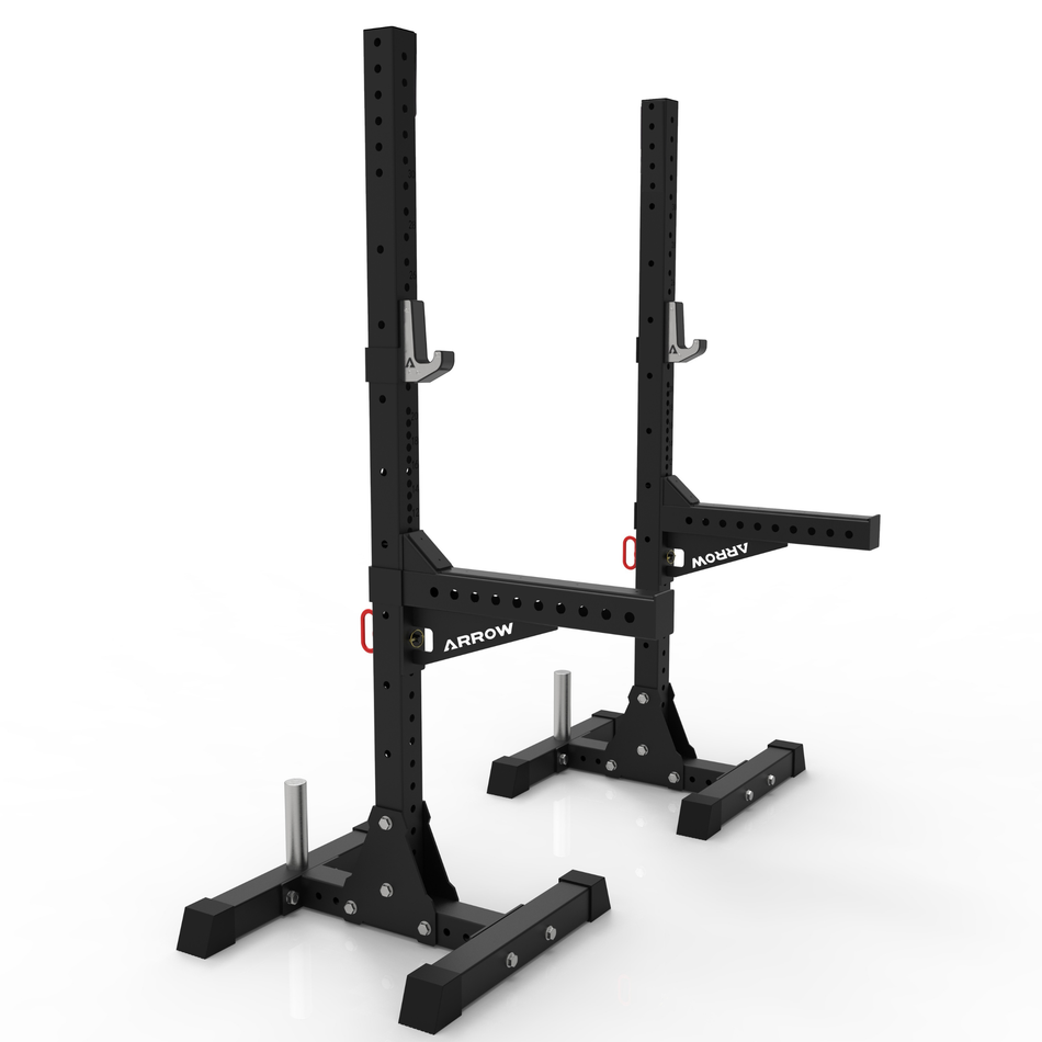 Black weightlifting squat rack on a white background