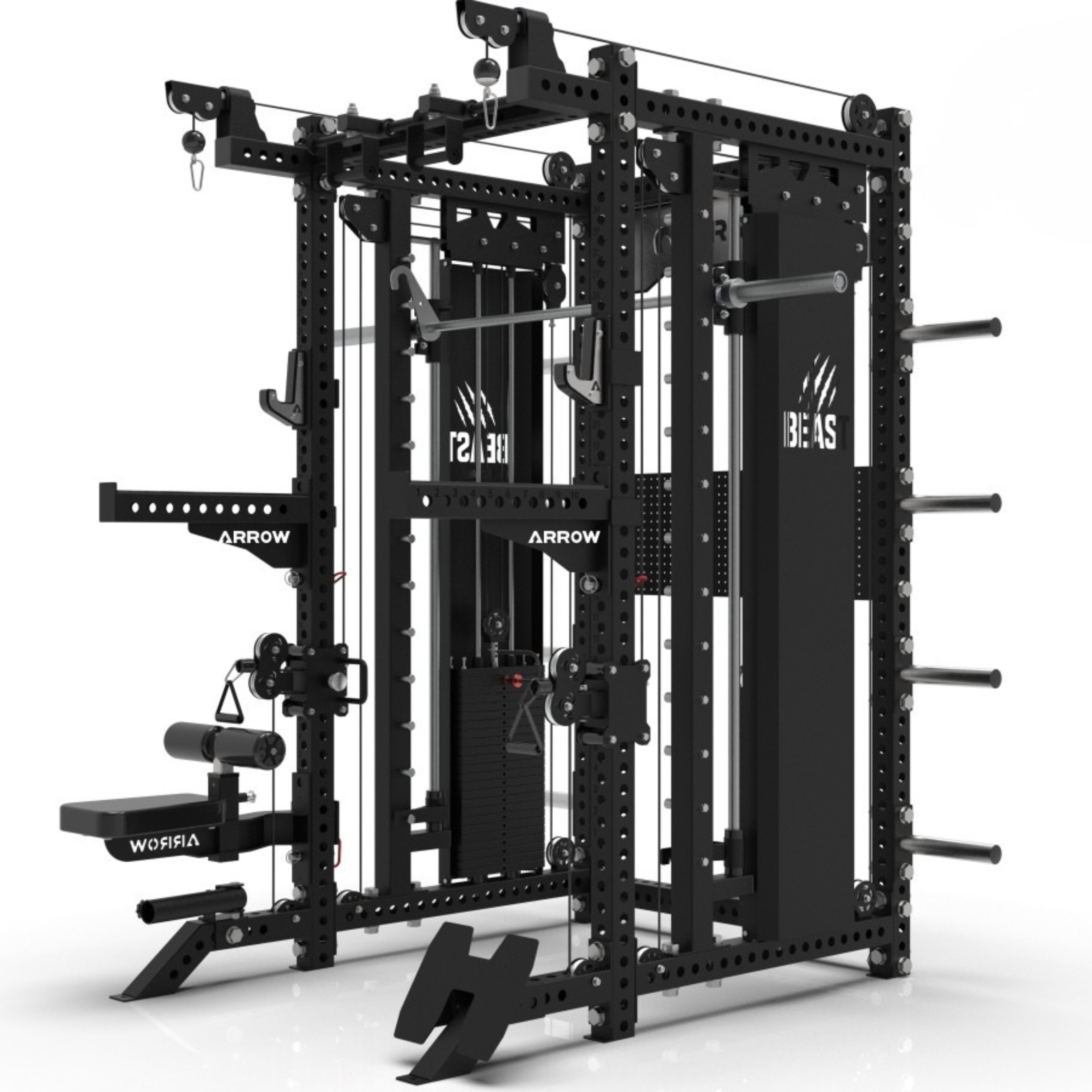 Black fitness equipment rack with various attachments on a white background
