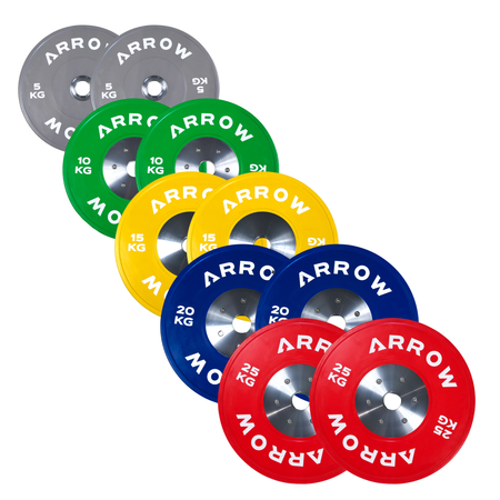 Set of Arrow weight plates in various colors on a white background
