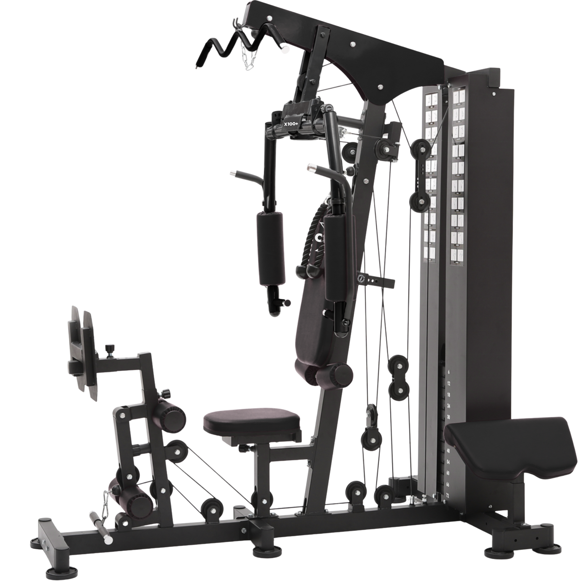 Black gym machine with various attachments on a white background