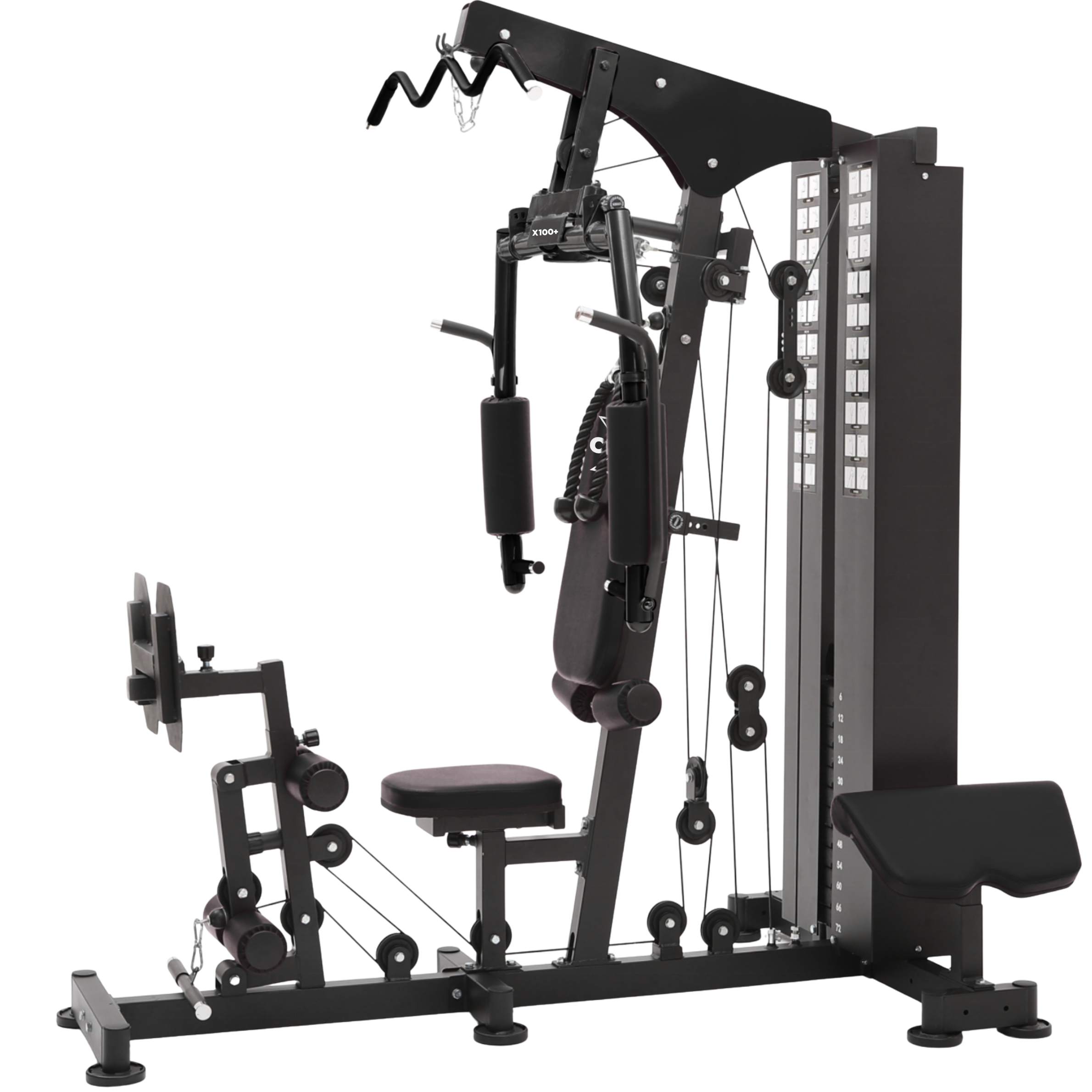 Black gym machine with various attachments on a white background